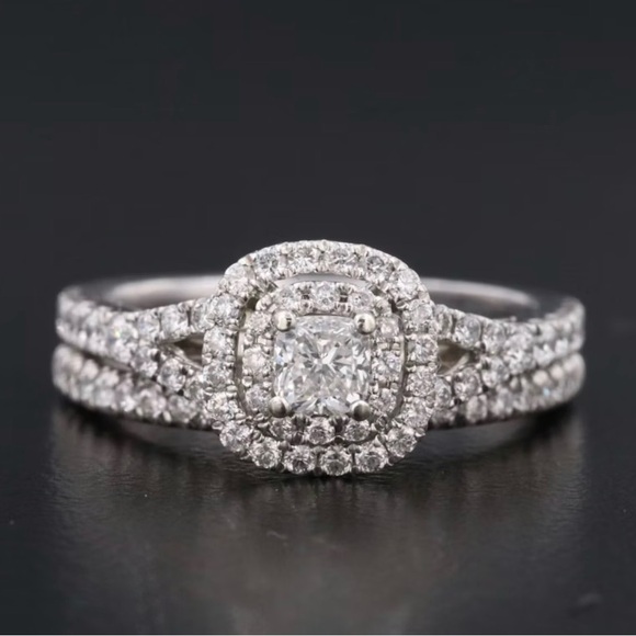 Jewelry - Double Halo Round Real Diamond Wedding Ring in 14k White Gold